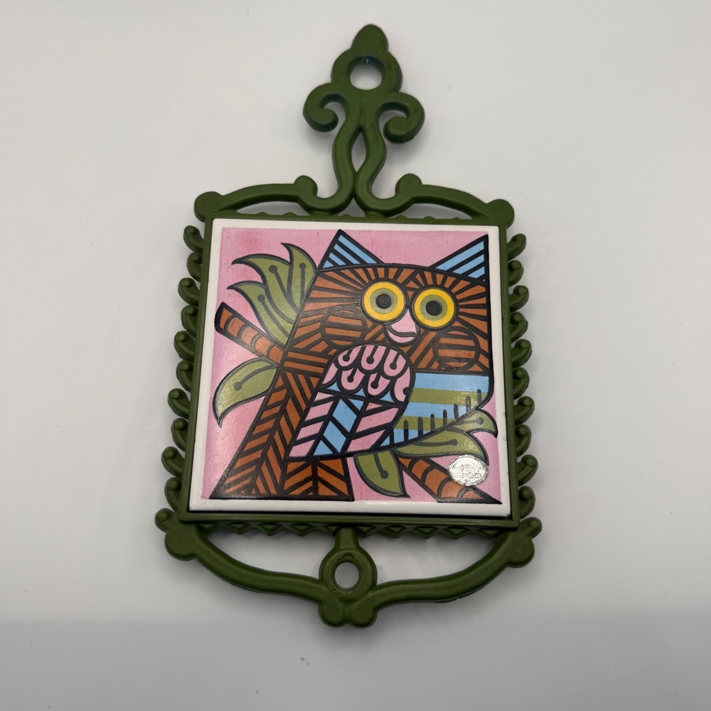 Vintage Enesco Hand Painted Owl Ceramic Tile Trivet Wall Hanging Japan Green MCM